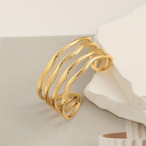 POTESSA 18K Gold Plated Cuff Bracelets Adjustable Dainty Bangle Handemade Jewelry for Women - style: Wide Wave