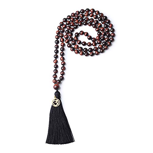 COAI OM Charm Hand Knotted Tassel 108 Mala Beads Necklace - color: Red Tiger Eye, size: 8mm