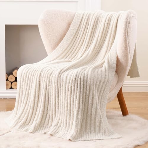 BATTILO White Throw Blanket for Couch, Knit Fuzzy Plush Cream Throw Blankets, Warm Cozy Lightweight Blanket for Bed, Sofa, Home Decor, 50"x60" - color: Cream