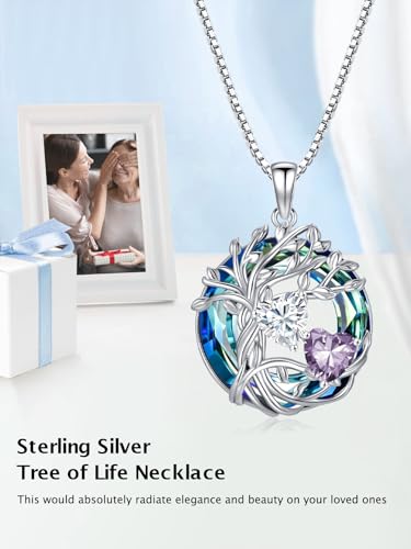 TOUPOP s925 Sterling Silver Family Celtic Tree of Life Pendant Necklaces with 2 Heart Birthstone with Blue Austrian Crystal Jewelry Birthday Valentines Day Gifts for Her, Anniversary Christmas Gifts for Wife Girlfriend Mom (18K Real White Gold Filled) - c