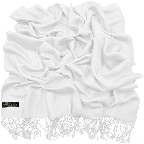 CJ Apparel Solid Color Tassels Design Nepalese Shawl Scarf Wrap Stole Throw Head Wrap Pashmina Gift Hand Made in Nepal New - color: Brilliant White