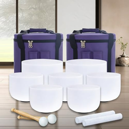 KVKA 6-12 Inch 440hz Crystal Singing Bowls Set of 7pcs White with Carrying Cases, Meditation,Yoga
