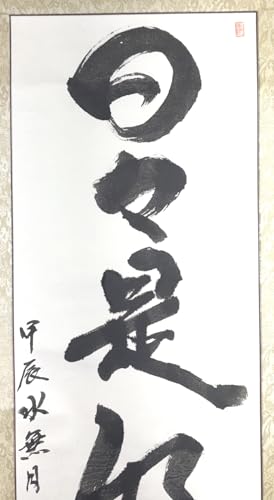 Japanese Buddhism Zen Calligraphy Painting NICHINICHI KORE KONICHI by Fumi Wada on Long Light Beige Wall Hanging Scroll