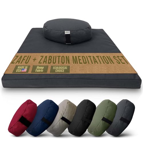 Meditation Cushion Mat Set HEMP - Oval Zafu Floor Pillow Organic Buckwheat Pillow + Cotton Filled HEMP Zabuton Prayer Pad - Meditation Pillow Yoga Knee Pad - Made in USA - 18" Oval, SHADOW GRAY Hemp