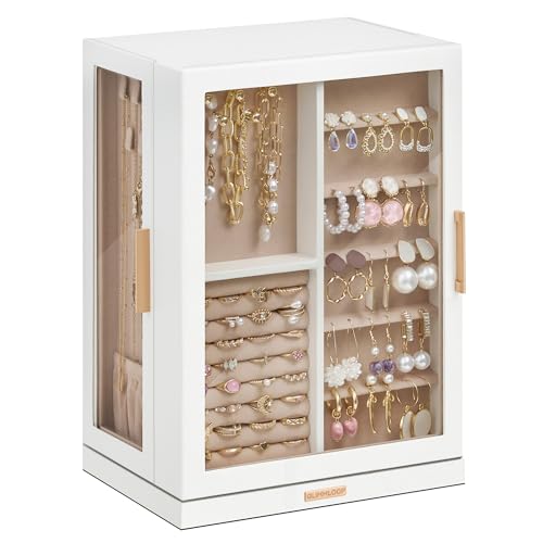 360° Rotating Jewelry Box with 7 Drawers, Spacious Vertical Jewelry Organizer with Glass Window, Jewelry Storage Case, Dustproof & Moisture-resistant Design, White