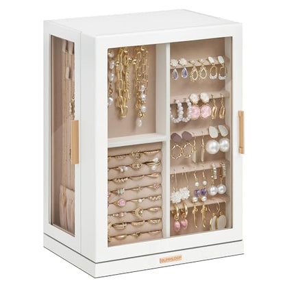 360° Rotating Jewelry Box with 7 Drawers, Spacious Vertical Jewelry Organizer with Glass Window, Jewelry Storage Case, Dustproof & Moisture-resistant Design, White
