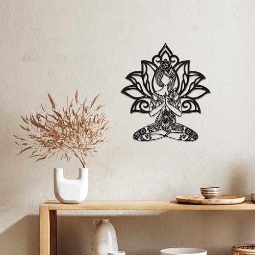 Rajukit Zen Wall Art–Meditating Girl & Lotus Metal Wall Decor–Serene Meditation & Yoga Room Decor for Mindful Spaces