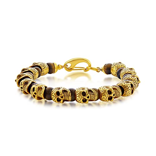 Black and Blue/Black and Gold/Black and Rose Gold Plated Stainless Steel 8.5’’ Men’s Link Solid Bracelet - style: Genuine Red Tiger Eye - Skull