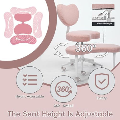 Meditation Chair with Wheels, Ergonomic Criss Cross Chair, Adjustable ADHD Floor Sitting Chair, Swivel Cross Legged Office Chair with High Back, Kneeling Posture Chair, Teddy Fabric,Pink - color: （teddy Fabric）pink