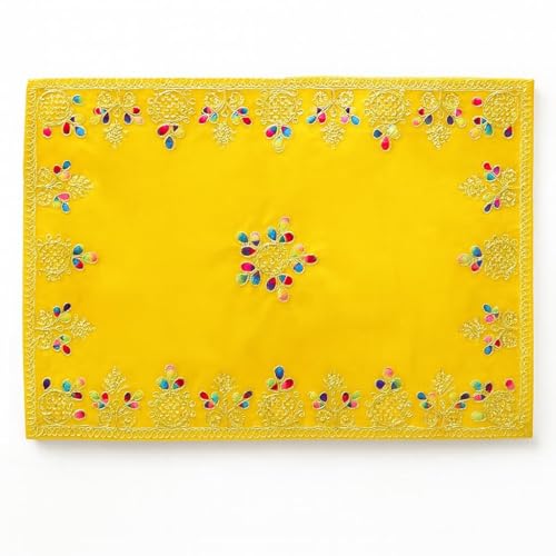 Handcrafted Velvet Puja Chowki Aasan Cloth with Rich Golden Zari Embroidery, Traditional Indian Decorative Pooja Altar Cover for Home Mandir, Temple Décor - 15x9 Inch (Yellow) - color: Yellow