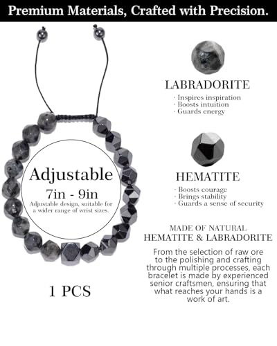 Beaded Bracelet for Men, 10mm Natural Stones Bracelet for Men's Gift, Adjustable Precision-Cut Gemstone Crystal Healing Bracelet, Protection Jewelry Gift with Hematite, Tiger Eye - style: Black Labradorite & Hematite