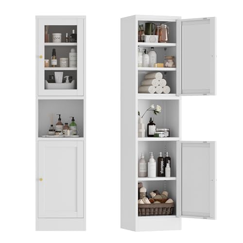 COFaR 67" Tall Narrow Bathroom Storage Cabinet, 6-Tier Metal Pantry Cabinet with Adjustable Shelves and 2 Glass Doors, Linen Cabinets for Bathroom, Living Room, Home Office, Kitchen, White - color: 2-door White_glass