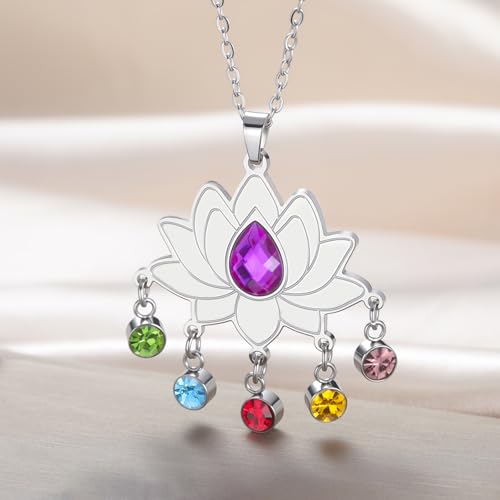 VASSAGO Lotus Necklace for Women Birthstone Pendant Lotus Flower Necklace Buddha Buddhist Unalome Symbol Amulet Yoga Spiritual Healing Jewelry Meditation Birthday Gift - color: Silver