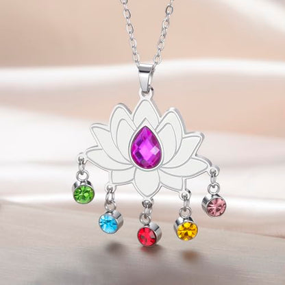 VASSAGO Lotus Necklace for Women Birthstone Pendant Lotus Flower Necklace Buddha Buddhist Unalome Symbol Amulet Yoga Spiritual Healing Jewelry Meditation Birthday Gift - color: Silver