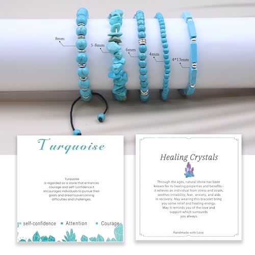 5Pcs Healing Crystal Bracelet for Women Men, Handmade Adjustable Gemstone Bracelets Beaded Reiki Energ Bracelet Set Jewelry Gifts for Women Men - color: Turquoise