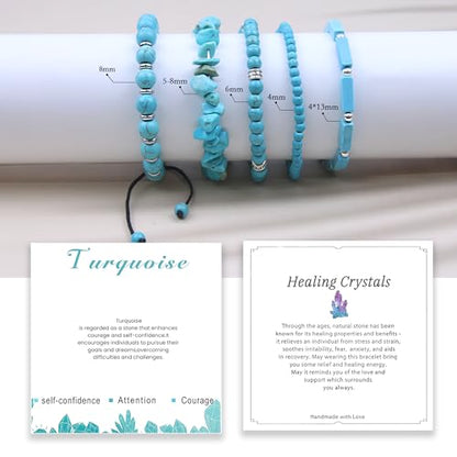 5Pcs Healing Crystal Bracelet for Women Men, Handmade Adjustable Gemstone Bracelets Beaded Reiki Energ Bracelet Set Jewelry Gifts for Women Men - color: Turquoise