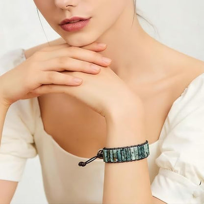 Women Boho Handmade Natural Stone Crystal Leather Bead Wrap Bracelets Collection - style: African Turquoise 1W