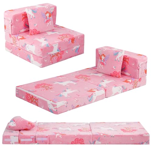 MeMoreCool Foldable Futon Chair Bed for Kids, Glow Tri-fold Sofa Bed Convertible Toddler Sofa Mattress, Foam Floor Couch for Sitting, Pink - color: Pink Fairy