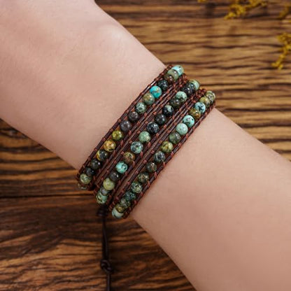 Women Boho Handmade Natural Stone Crystal Leather Bead Wrap Bracelets Collection - style: 4mm African Turquoise 3W
