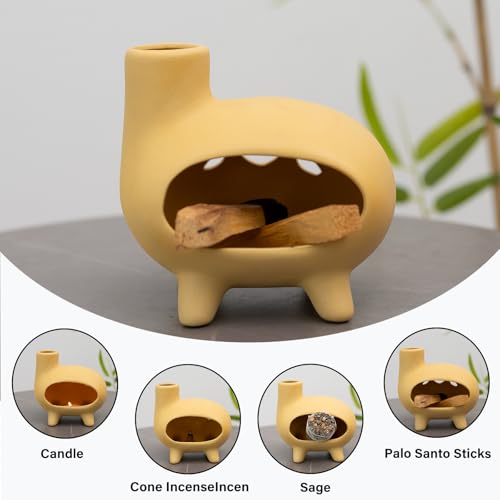 MOUGIGI Elegant Handcrafted Ceramic Palo Santo Burner-Yellow Terracotta Footed Incense Holder for Meditation,Compatible with Wood Sticks,Sage,Ash&Cones-Mini Aromatic Home Altar with Chimney Design - color: Matte Clay - Footed Yellow