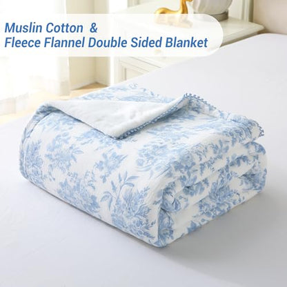 Viviland Cotton Muslin Blanket, Queen Size 90 x 90 Inches, Blue Nerrah | Reversible Fleece, Lightweight, Breathable Gauze - color: Blue Nerrah, size: Queen Size (90 X 90 Inches)