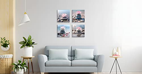 NAN Wind 4PCS Mordern Zen High-Definition Canvas Print Pink Lotus Stacked Zen Stones Spa Wall Art Easy-to-Hang Wall Art for Serene Home Deco Meditation Rooms Yoga Studios and Zen Enthusiasts