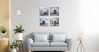 NAN Wind 4PCS Mordern Zen High-Definition Canvas Print Pink Lotus Stacked Zen Stones Spa Wall Art Easy-to-Hang Wall Art for Serene Home Deco Meditation Rooms Yoga Studios and Zen Enthusiasts