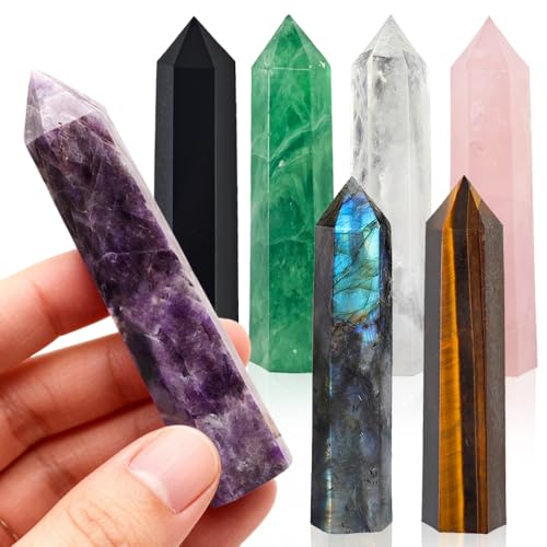 7Pcs 2.7-3.1″ Natural Crystal Point Wand Set, Rose Quartz Amethyst Mixed Healing Stone, Polished Single Terminated Crystal Prism, Reiki Energy Healing Mineral Crafts, Home Desktop Decor Collectible - color: Amethyst Cornucopia 7-8cm 7pcs Set