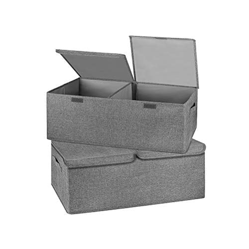 2 Pack Storage Boxes with Lids and Handles, Collapsible Linen Storage Bins Organizer Containers Baskets Cube with Removable Divider for Home Bedroom Closet Office (Grey, Small)