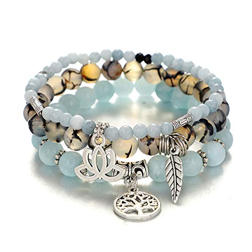 Tree of Life Yoga Healing Stone Bracelets,Multilayer Lotus Chakra Stone Reiki Bracelet Sets,Anxiety Crystal Natural Stone,for Women Stress Relief - style: Aquamarine dragon pattern stone