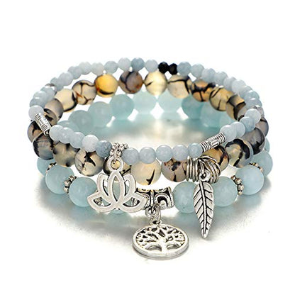 Tree of Life Yoga Healing Stone Bracelets,Multilayer Lotus Chakra Stone Reiki Bracelet Sets,Anxiety Crystal Natural Stone,for Women Stress Relief - style: Aquamarine dragon pattern stone
