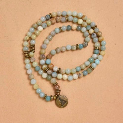 108 Mala Beads Bracelet Necklace with Yoga Symbol Buddha Charm – Gold-Plated Meditation Jewelry, Healing Stone, Ideal Spiritual Gift for Yoga & Meditation - style: Amazonite