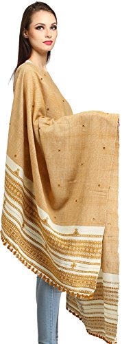 Exotic India Shawl from Kutch with Embroidered Mirrors - Pure Wool - color: Desert Mist