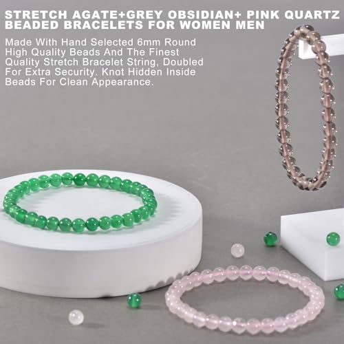 3PCS Agate Bracelet for Women Men Natural Round Beaded Agates Stone Healing Stretch Bracelets Elastic Handmade Polished Gemstone Beads Bracelet - color: Green+Pink+Grey