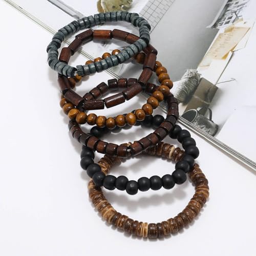 MILAKOO Mens Beaded Bracelets Tribal Wooden Elastic Adjustable Prayer Beads Wrap Cuff for Women - color: A: 6pcs