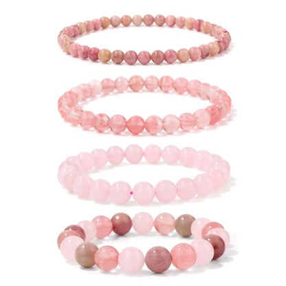 4pcs Beaded Bracelets for Women,Natural Healing Crystal Gemstones Bracelet,Anxiety Stress Relief Bracelet Handmade purple Jewelry Gifts for Women - color: Rhodochrosite&Watermelon crysta&Rose Quartz