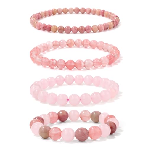 4pcs Beaded Bracelets for Women,Natural Healing Crystal Gemstones Bracelet,Anxiety Stress Relief Bracelet Handmade purple Jewelry Gifts for Women - color: Rhodochrosite&Watermelon crysta&Rose Quartz