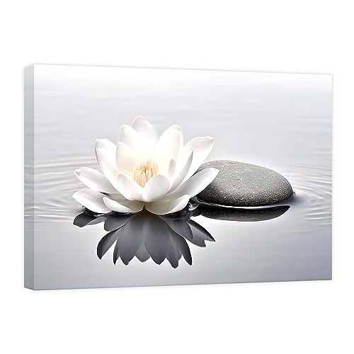 CCWACPP Zen Canvas Wall Art White Lotus Bloom in Water Picture Flowers Stone Spa Painting for Yoga Meditation Room Bathroom Prints Wall Decor Frame (Zen - 3, 28x42inch) - color: Zen - 3, size: 28x42inch