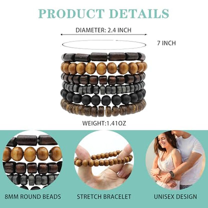 5pcs Wooden Bead Bracelet Set with Charm and Tassel for Men & Women - Stackable Boho Bracelets, Amber Color Scheme Adjustable Bracelet - color: Brown Gray