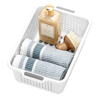 madesmart Small Storage Basket, Multipurpose Organizer with Soft-Grip Handles & Non-Slip Feet, Heavy-Duty Ventilated Design for Laundry, Bath & Kitchen, White, 12 x 8 x 4"