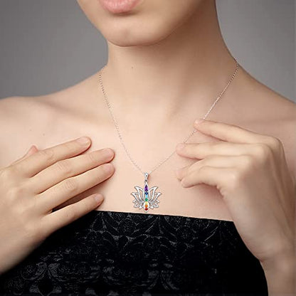 Chakra Necklaces for Women Lotus Flower Necklace Sterling Silver Mandala Yoga Lotus Pendant 7 Chakra Jewelry Gifts