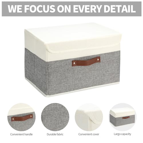 8 Pack Storage Bins Foldable Storage Boxes Fabric Storage Box with Lid & Handle Large Washable Organizer Bulk for Office, Home, Books, Clothes, Bedroom, Closet, (15INx10INx10IN White/Grey)