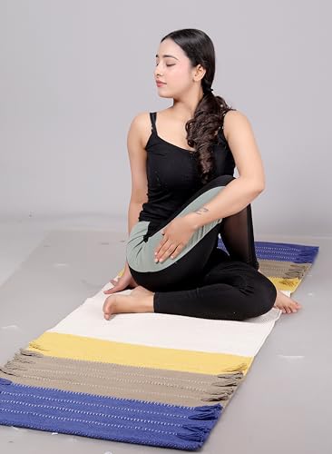 Cotton Yoga Mat Handwoven Rug, Non-Slip Textured Surface, Washable & Foldable Yoga Rug for Hot Yoga, Pilates & Meditation, 24 x 72 Inch Multicolor