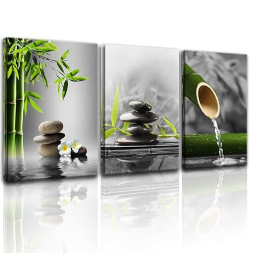 Yxbhhym-Bathroom Decor Black and White Wall Art Gray Green Room Decor Zen Poster Canvas Pictures Zen Artwork for Spa Living Room Decoration Wall Art Bedroom Home Decor Framed Prints Art - color: Agreen zen 1, size: 16"x24"inches x 3 pcs