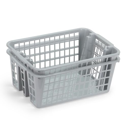 Plastic Storage Basket, 13L Bathroom Storage Organizer Bin for Laundry Closet, Pantry or Office with Built In Handles,Gray (2 Pack)
