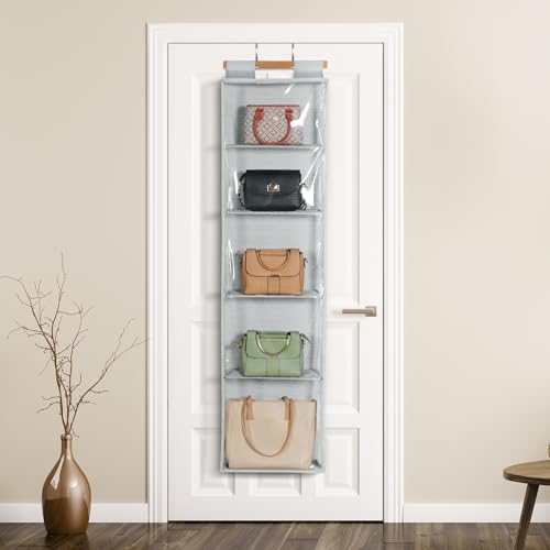 Hanging Handbag Purse Organizer with Zippers, 5 Mesh Shelves,Clear Slubbed Fabric+PVC Hanging Closet Bag Organizer, Dustproof Handbag Closet Tote Storage Bag for Door, Wardrobe, Shelf Rack
