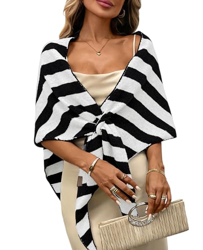 Womens Knitted Shawl Wraps Casual Solid Color Cape Scarf Comfortable Triangle Pashmina Shoulder Sweater - color: Stripes Black