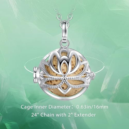 INFUSEU Essential Oil Necklace Lotus Flower Aromatherapy Pendant Scent Diffuser Anxiety Jewelry Spiritual Meditation Gifts Stash Lava Rock Stone Holder Cage