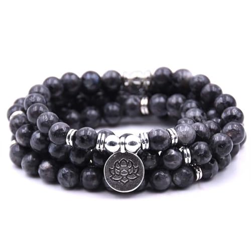 108 Mala Beads Bracelet Necklace - Gemstone Prayer Beads with Lotus Charm for Meditation & Yoga - style: Labrodrite