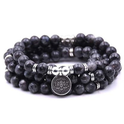 108 Mala Beads Bracelet Necklace - Gemstone Prayer Beads with Lotus Charm for Meditation & Yoga - style: Labrodrite